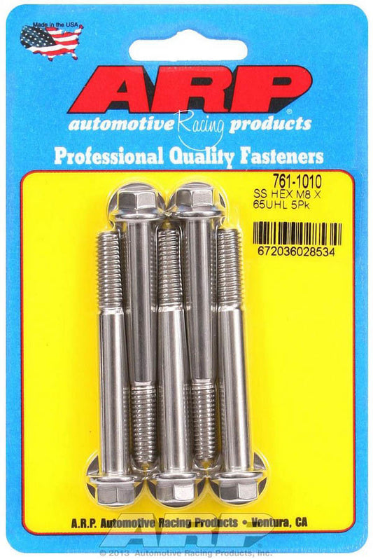 Bolt - 8 mm x 1.25 Thread - 65 mm Long - 10 mm Hex Head - Stainless - Polished - Universal - Set of 5