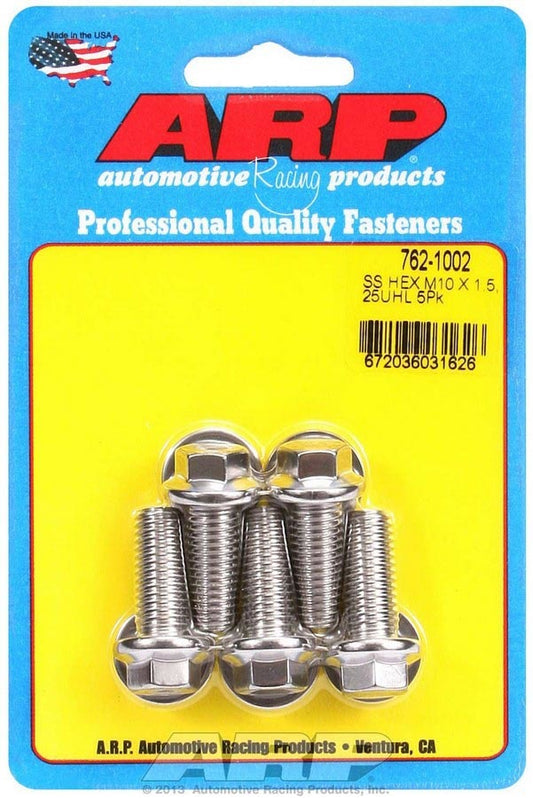 Bolt - 10 mm x 1.50 Thread - 25 mm Long - 12 mm Hex Head - Stainless - Polished - Universal - Set of 5