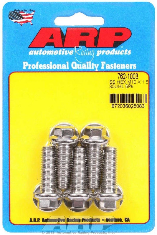 Bolt - 10 mm x 1.50 Thread - 30 mm Long - 12 mm Hex Head - Stainless - Polished - Universal - Set of 5