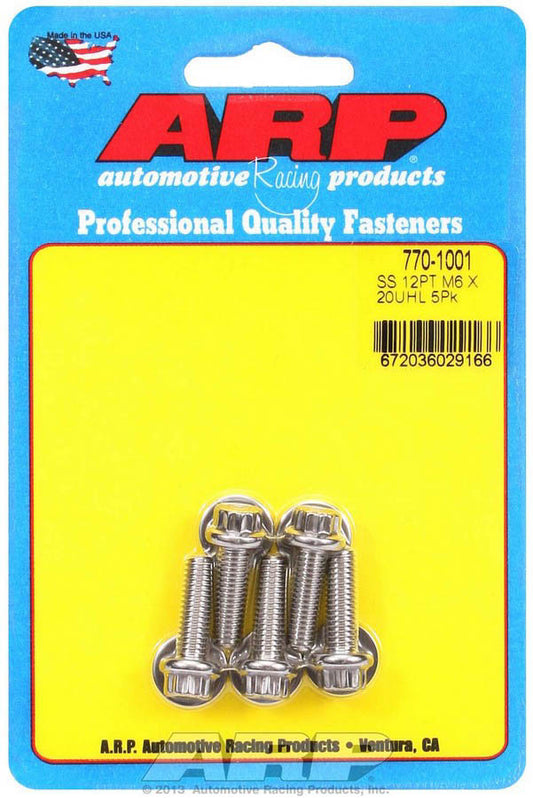 Bolt - 6 mm x 1.00 Thread - 20 mm Long - 8 mm 12 Point Head - Stainless - Polished - Universal - Set of 5