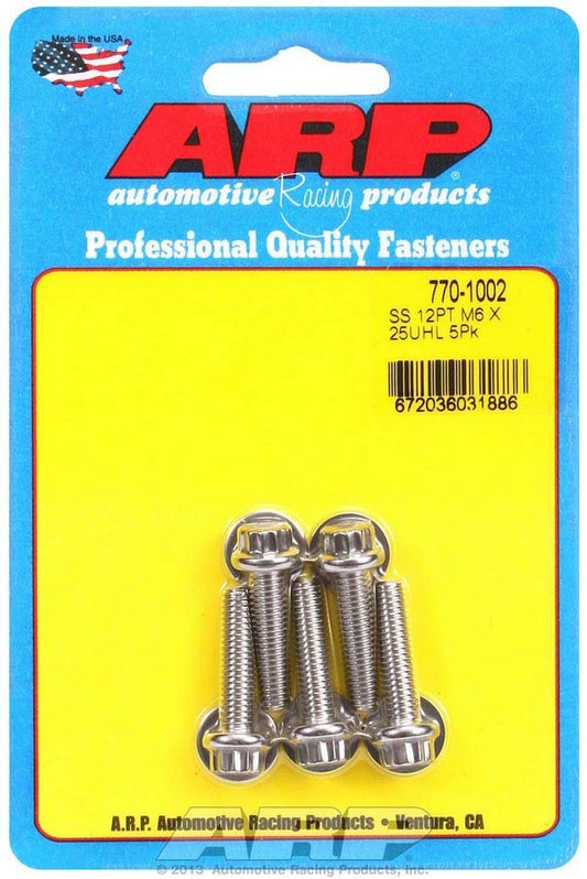 Bolt - 6 mm x 1.00 Thread - 25 mm Long - 8 mm 12 Point Head - Stainless - Polished - Universal - Set of 5