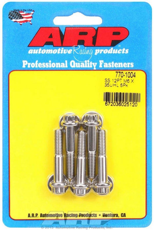 Bolt - 6 mm x 1.00 Thread - 35 mm Long - 8 mm 12 Point Head - Stainless - Polished - Universal - Set of 5