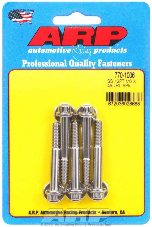 Bolt - 6 mm x 1.00 Thread - 45 mm Long - 8 mm 12 Point Head - Stainless - Polished - Universal - Set of 5