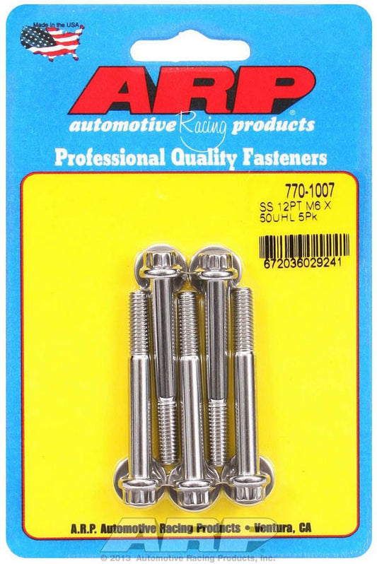 Bolt - 6 mm x 1.00 Thread - 50 mm Long - 8 mm 12 Point Head - Stainless - Polished - Universal - Set of 5
