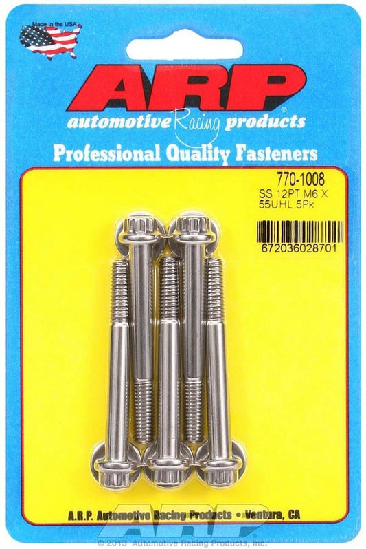 Bolt - 6 mm x 1.00 Thread - 55 mm Long - 8 mm 12 Point Head - Stainless - Polished - Universal - Set of 5