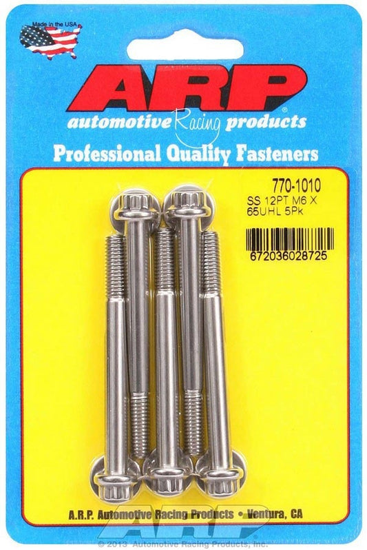 Bolt - 6 mm x 1.00 Thread - 65 mm Long - 8 mm 12 Point Head - Stainless - Polished - Universal - Set of 5