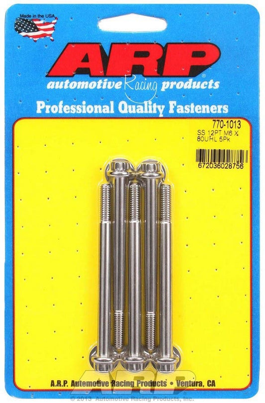 Bolt - 6 mm x 1.00 Thread - 80 mm Long - 8 mm 12 Point Head - Stainless - Polished - Universal - Set of 5
