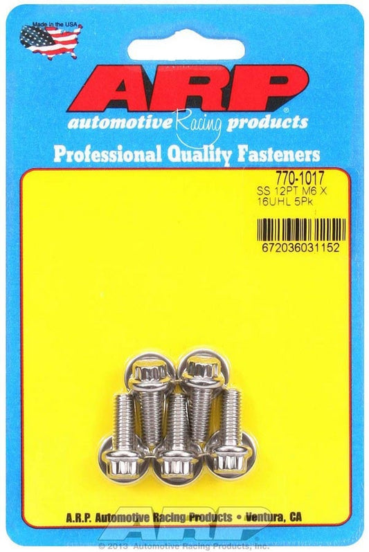 Bolt - 6 mm x 1.00 Thread - 16 mm Long - 8 mm 12 Point Head - Stainless - Polished - Universal - Set of 5