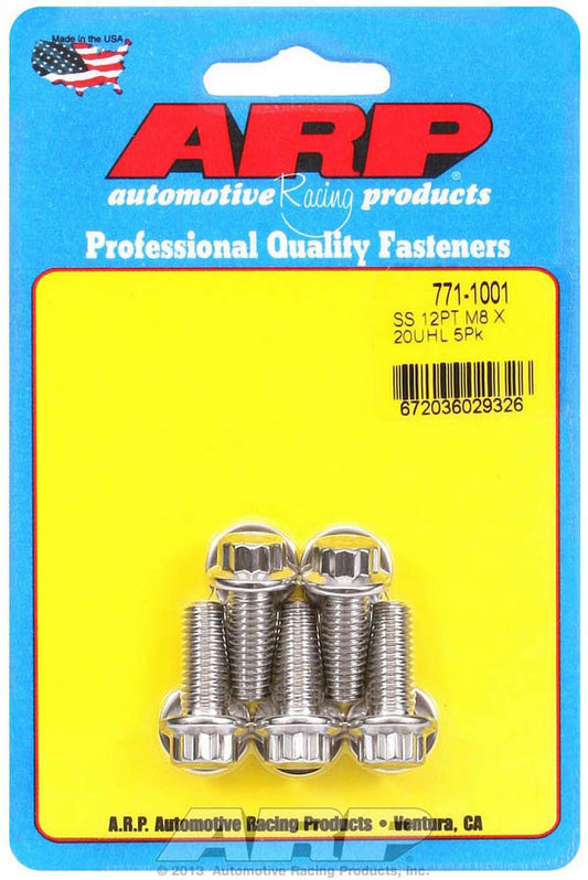 Bolt - 8 mm x 1.25 Thread - 20 mm Long - 10 mm 12 Point Head - Stainless - Polished - Universal - Set of 5