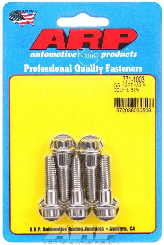 Bolt - 8 mm x 1.25 Thread - 30 mm Long - 10 mm 12 Point Head - Stainless - Polished - Universal - Set of 5