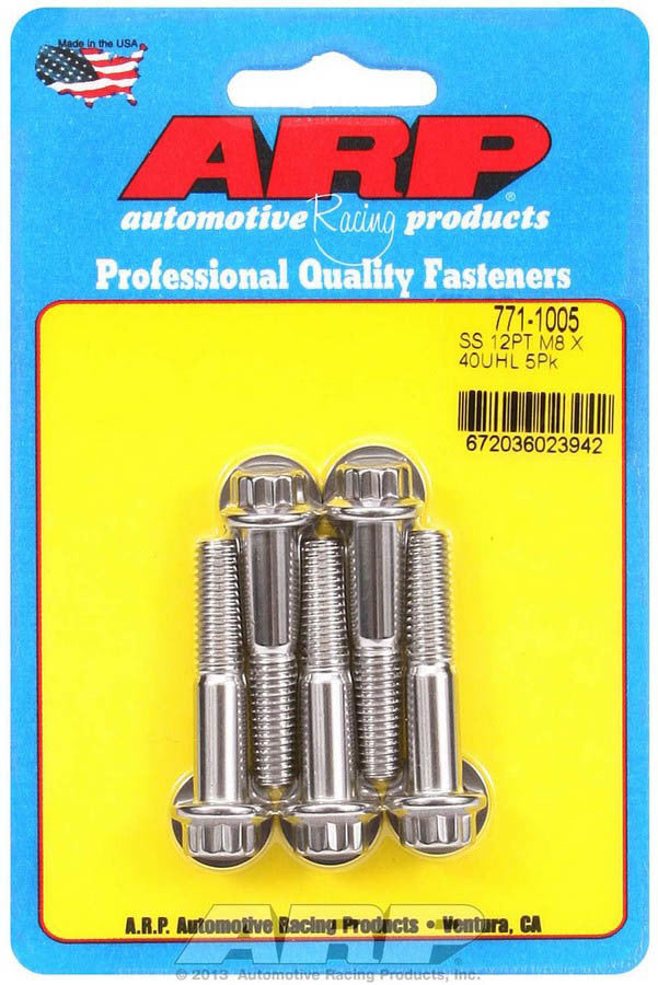 Bolt - 8 mm x 1.25 Thread - 40 mm Long - 10 mm 12 Point Head - Stainless - Polished - Universal - Set of 5
