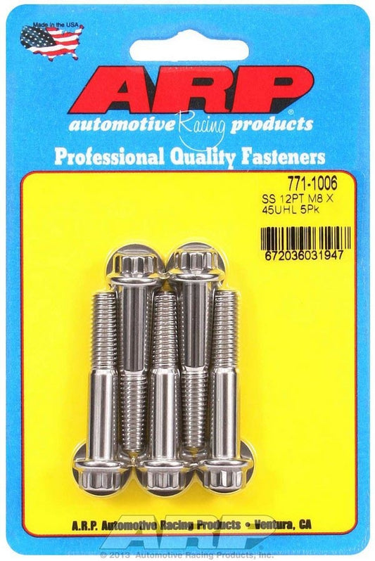 Bolt - 8 mm x 1.25 Thread - 45 mm Long - 10 mm 12 Point Head - Stainless - Polished - Universal - Set of 5