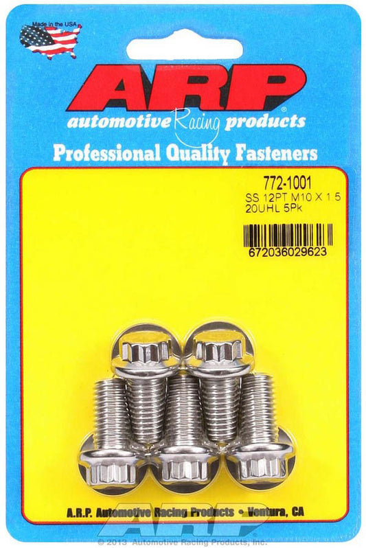 Bolt - 10 mm x 1.50 Thread - 20 mm Long - 12 mm 12 Point Head - Stainless - Polished - Universal - Set of 5
