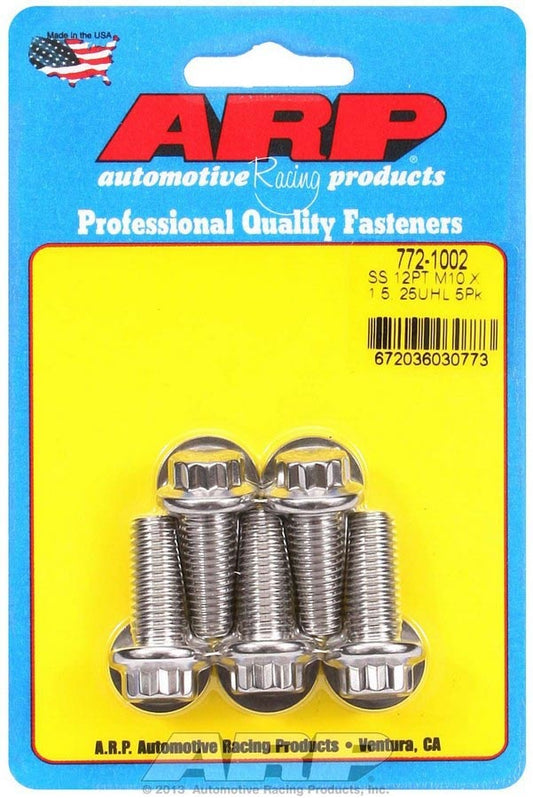 Bolt - 10 mm x 1.50 Thread - 25 mm Long - 12 mm 12 Point Head - Stainless - Polished - Universal - Set of 5
