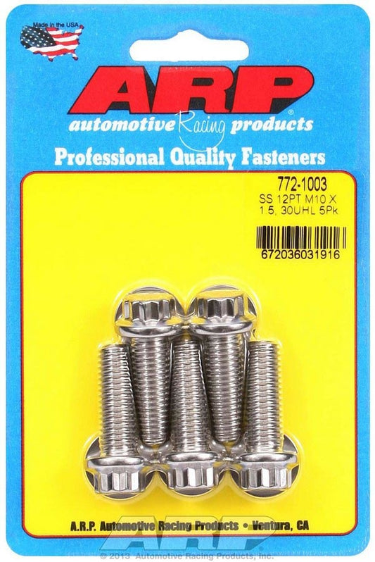 Bolt - 10 mm x 1.50 Thread - 30 mm Long - 12 mm 12 Point Head - Stainless - Polished - Universal - Set of 5