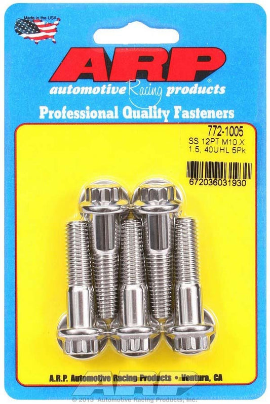 Bolt - 10 mm x 1.50 Thread - 40 mm Long - 12 mm 12 Point Head - Stainless - Polished - Universal - Set of 5