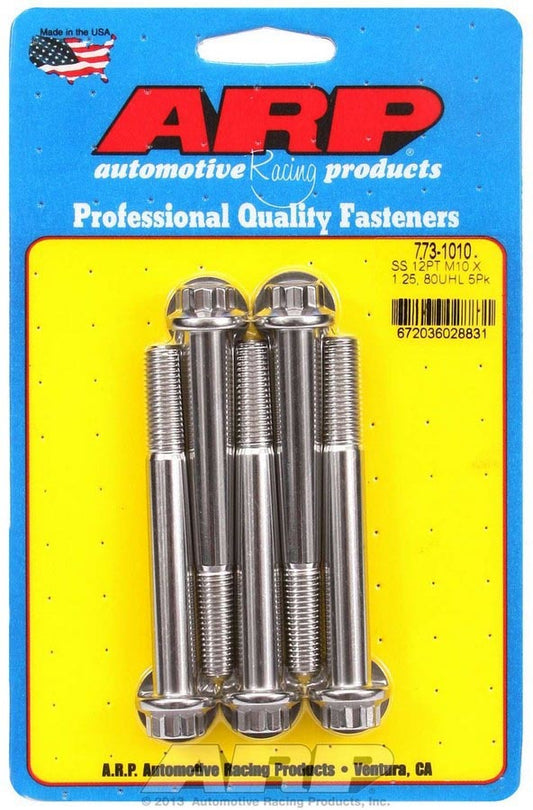 Bolt - 10 mm x 1.25 Thread - 80 mm Long - 12 mm 12 Point Head - Stainless - Polished - Universal - Set of 5
