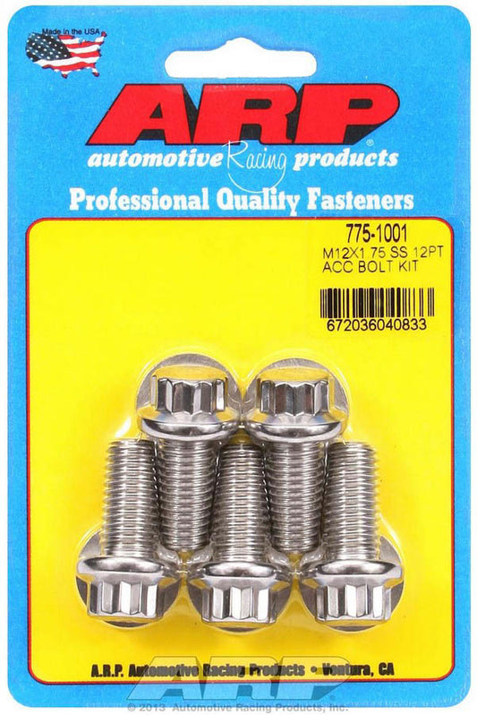 Bolt - 12 mm x 1.75 Thread - 25 mm Long - 14 mm 12 Point Head - Stainless - Polished - Universal - Set of 5