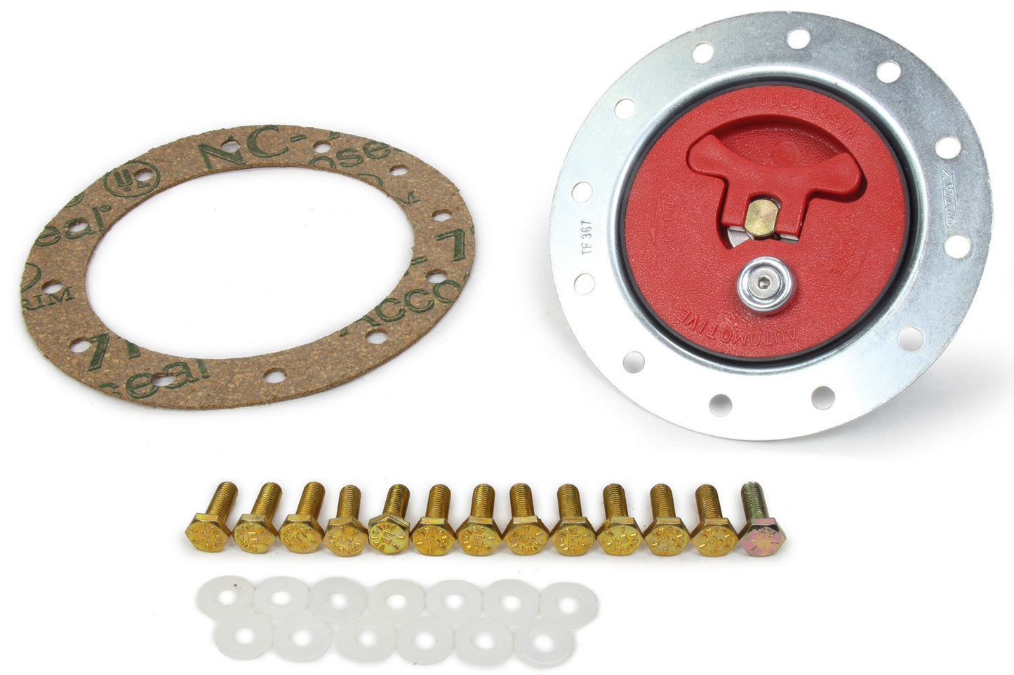 Fuel Filler Cap Assembly - Twist-On Cap - Aircraft Style - Flush Remote Mount - 12-Bolt Flange - Steel / Plastic - Zinc / Red - Each