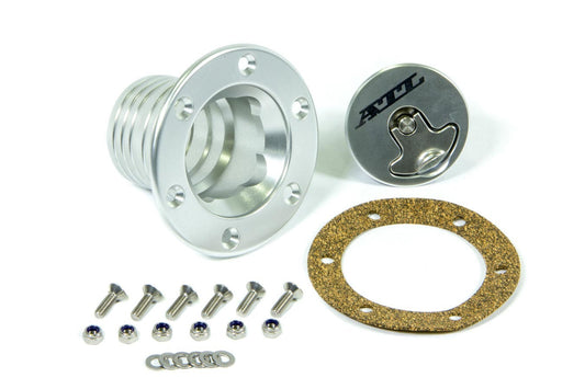 Fuel Cell Filler Cap Assembly - Twist-On Cap - Aircraft Style - Flush Remote Mount - 6-Bolt Flange - Aluminum - Clear Anodized - Kit