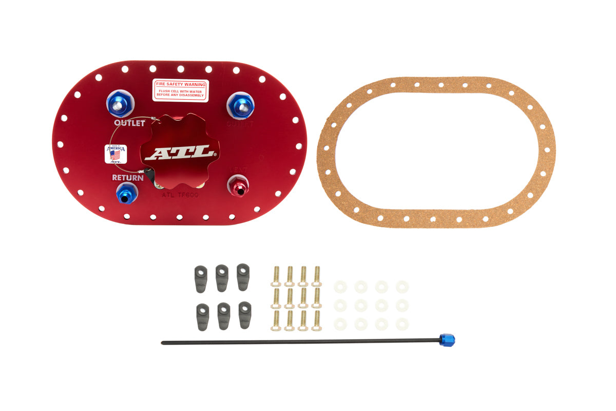 Fuel Cell Filler Plate - Twist Lock Cap - Straight Neck - 24-Bolt Flange - 8 AN Pickup / Return - 6 AN Vent - Aluminum - Red Anodized - Kit