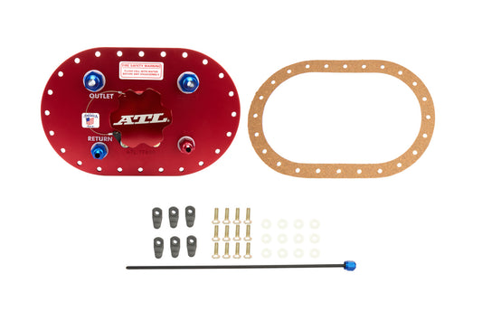 Fuel Cell Filler Plate - Twist Lock Cap - Straight Neck - 24-Bolt Flange - 8 AN Pickup / Return - 6 AN Vent - Aluminum - Red Anodized - Kit