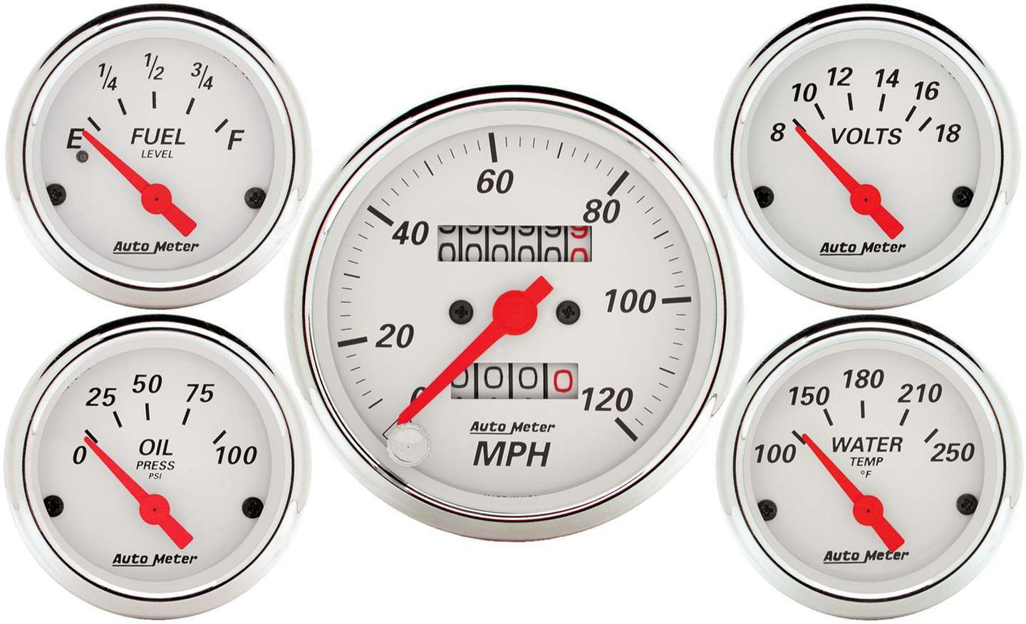 Gauge Kit - Arctic White - Analog - Fuel Level / Oil Pressure / Speedometer / Voltmeter / Water Temperature - 3-3/8 in / 2-1/16 in Diameter - White Face - Kit