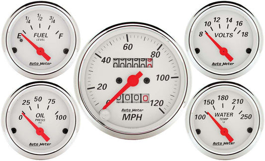 Gauge Kit - Arctic White - Analog - Fuel Level / Oil Pressure / Speedometer / Voltmeter / Water Temperature - 3-3/8 in / 2-1/16 in Diameter - White Face - Kit