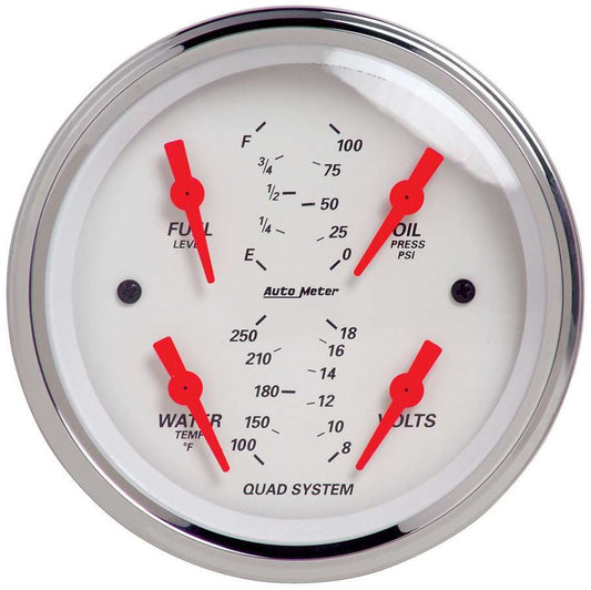 Combination Gauge - Arctic White - Quad - Analog - Fuel Level / Oil Pressure / Voltmeter / Water Temperature - 3-3/8 in Diameter - White Face - Each
