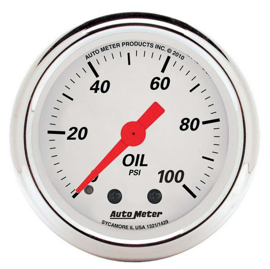 Oil Pressure Gauge - Artic White - 0-100 psi - Mechanical - Analog - Full Sweep - 2-1/16 in Diameter - White Face - Each
