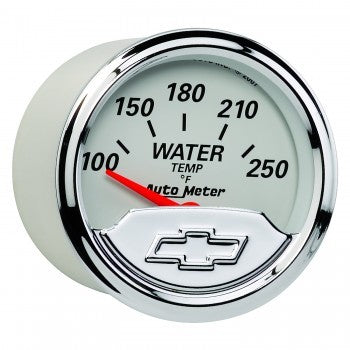 Water Temperature Gauge - Chevrolet Heritage Bowtie - 100-250 Degree F - Electric - Analog - Short Sweep - 2-1/16 in Diameter - Chrome Chevy Bowtie Logo - White Face - Each
