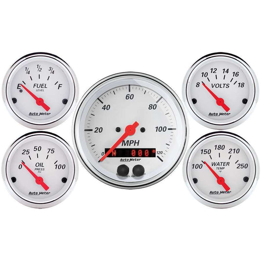 Gauge Kit - Arctic White - Analog - Fuel Level / Oil Pressure / Speedometer / Voltmeter / Water Temperature - 3-3/8 in / 2-1/16 in Diameter - White Face - Kit
