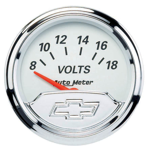 Voltmeter - Chevrolet Heritage Bowtie - 8-18V - Electric - Analog - Short Sweep - 2-1/16 in Diameter - Chrome Bowtie Logo - White Face - Each