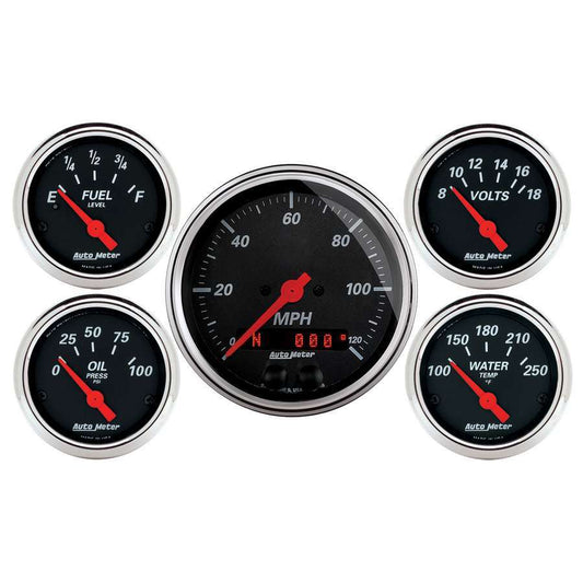 Gauge Kit - Designer Black - Analog - Fuel Level / Oil Pressure / Speedometer / Voltmeter / Water Temperature - 3-3/8 in / 2-1/16 in Diameter - Black Face - Kit
