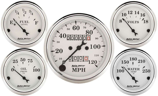 Gauge Kit - Old Tyme White - Analog - Fuel Level / Oil Pressure / Speedometer / Voltmeter / Water Temperature - 3-3/8 in / 2-1/16 in Diameter - White Face - Kit