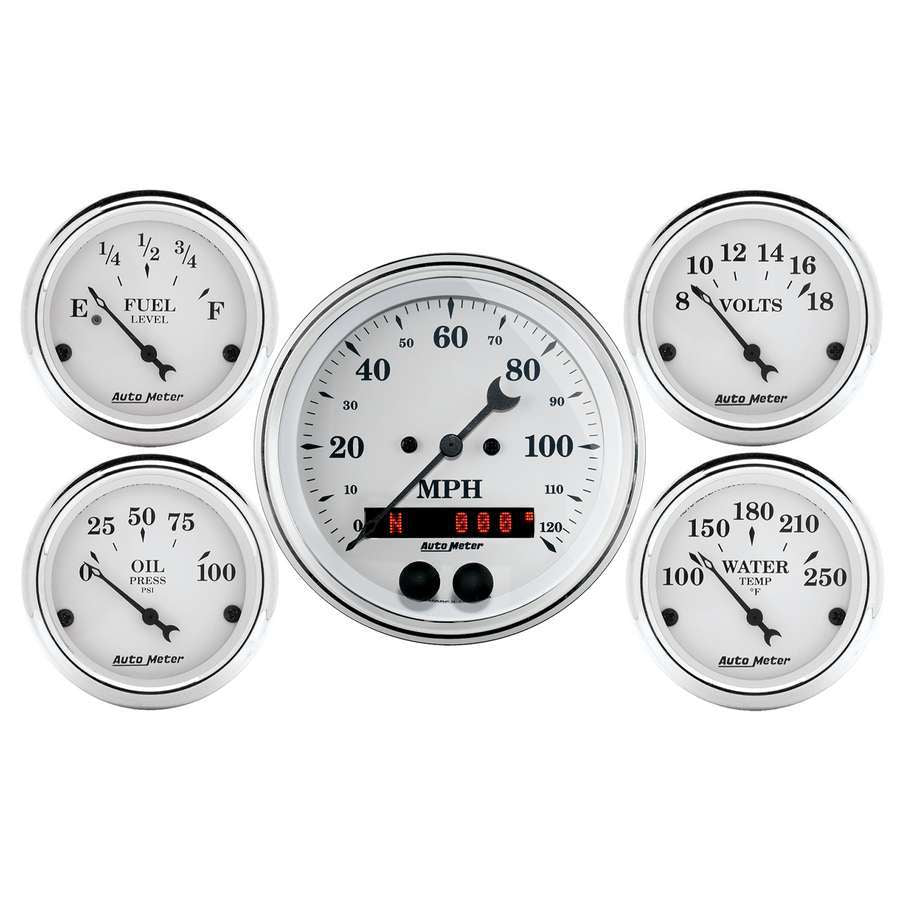 Gauge Kit - Old Tyme White - Analog - Fuel Level / Oil Pressure / Speedometer / Voltmeter / Water Temperature - 3-3/8 in / 2-1/16 in Diameter - White Face - Kit