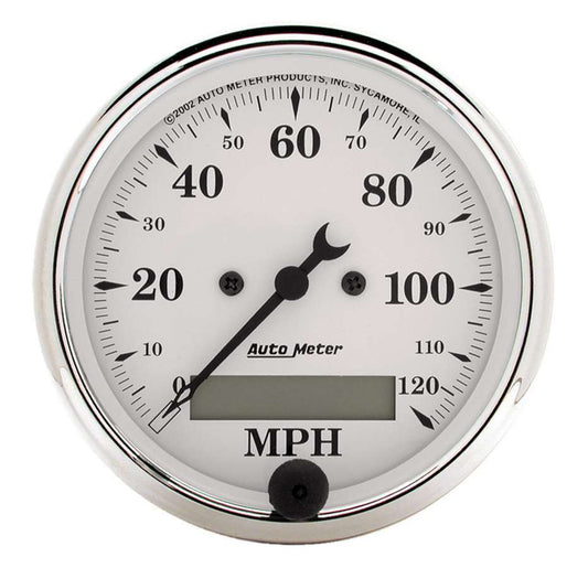 Speedometer - Old Tyme White - 120 MPH - Electric - Analog - 3-1/8 in Diameter - Programmable - White Face - Each