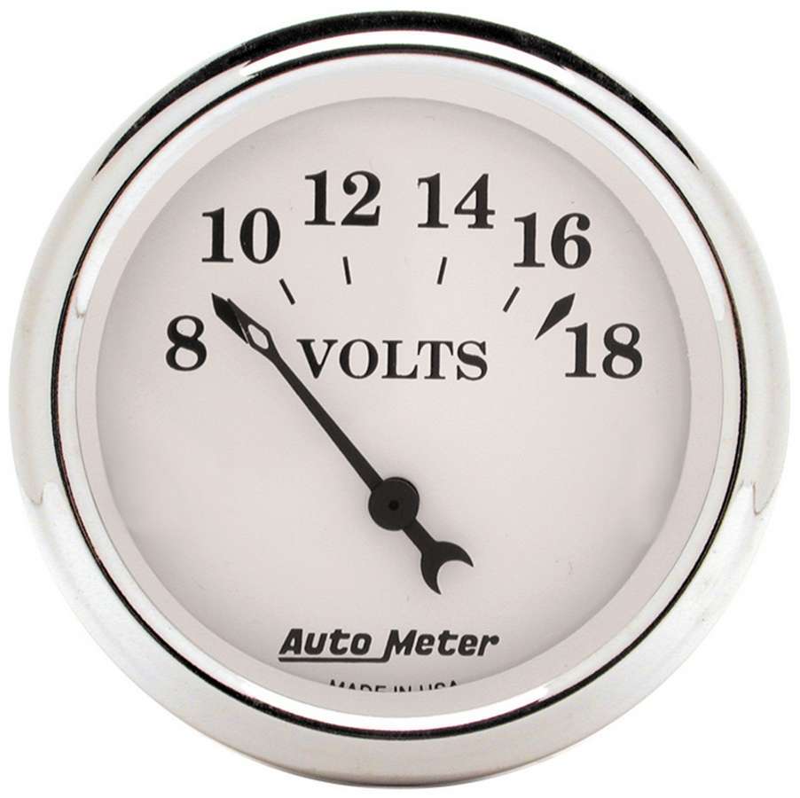 Voltmeter - Old Tyme White - 8-18V - Electric - Analog - Short Sweep - 2-1/16 in Diameter - White Face - Each