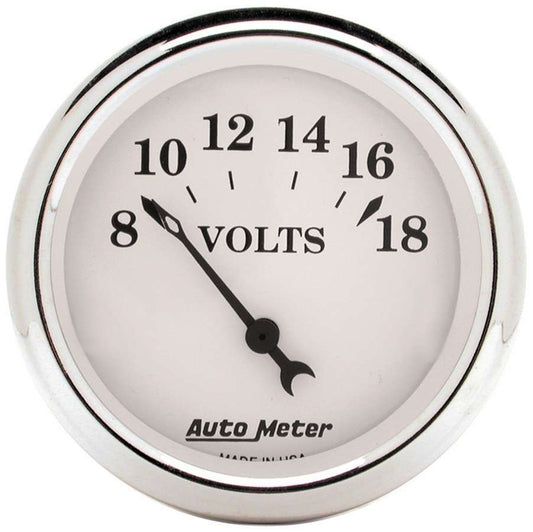 Voltmeter - Old Tyme White - 8-18V - Electric - Analog - Short Sweep - 2-1/16 in Diameter - White Face - Each