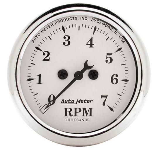 Tachometer - Old Tyme White - 7000 RPM - Electric - Analog - 2-1/16 in Diameter - Dash Mount - White Face - Each