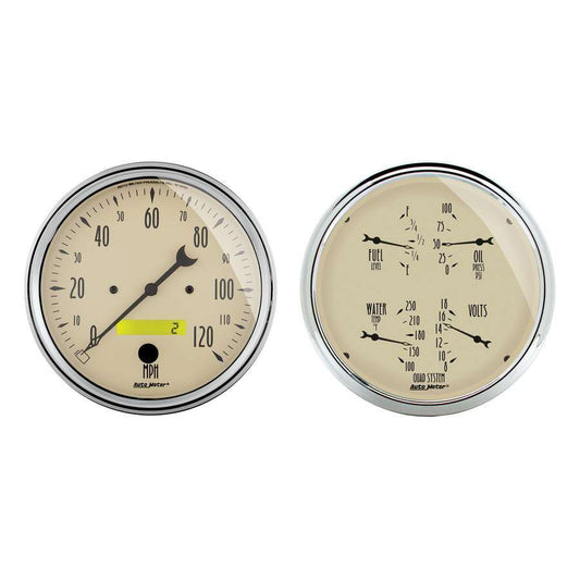 Combination Gauge Kit - Antique Beige - Analog - Fuel Level / Oil Pressure / Speedometer / Voltmeter / Water Temperature - 5 in Diameter - Beige Face - Kit