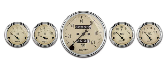 Gauge Kit - Antique Beige - Analog - Fuel Level / Oil Pressure / Speedometer / Voltmeter / Water Temperature - 3-1/8 in / 2-1/16 in Diameter - Beige Face - Kit