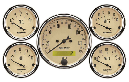 Gauge Kit - Antique Beige - Metric - Analog - Fuel Level / Oil Pressure / Speedometer / Voltmeter / Water Temperature - 3-1/8 in / 2-1/16 in Diameter - Beige Face - Kit