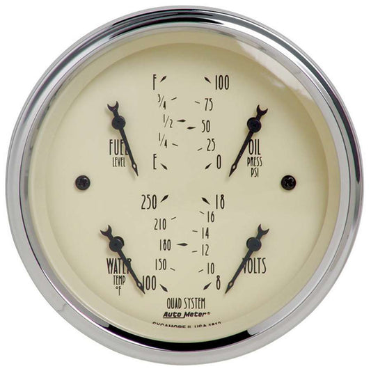 Combination Gauge - Antique Beige - Analog - Quad - Fuel Level / Oil Pressure / Voltmeter / Water Temperature - 3-3/8 in Diameter - Beige Face - Each