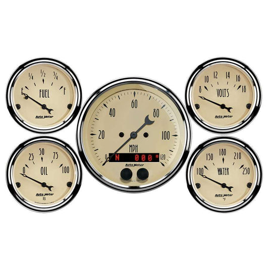 Gauge Kit - Antique Beige - Analog - Fuel Level / Oil Pressure / Speedometer / Voltmeter / Water Temperature - 3-3/8 in / 2-1/16 in Diameter - Beige Face - Kit