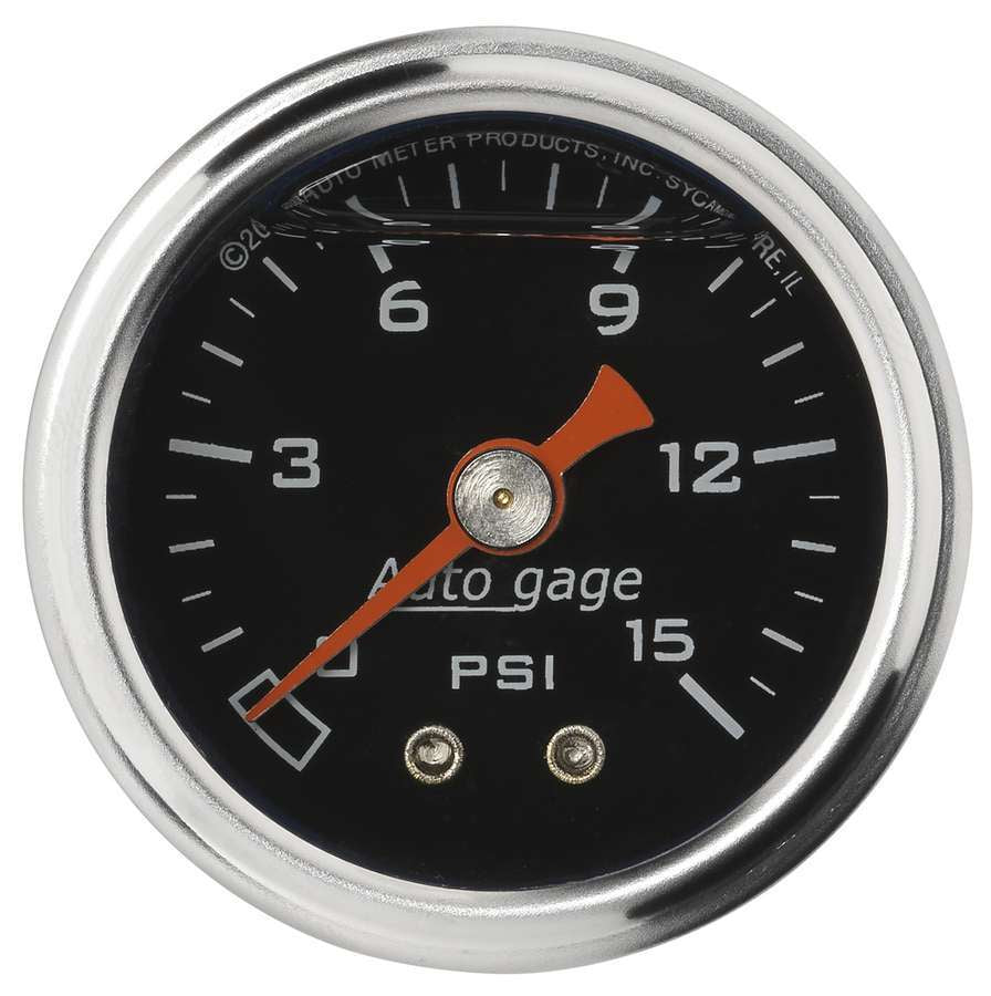 Pressure Gauge - Auto Gage - 0-15 psi - Mechanical - Analog - 1-1/2 in Diameter - Liquid Filled - 1/8 in NPT Port - Black Face - Each