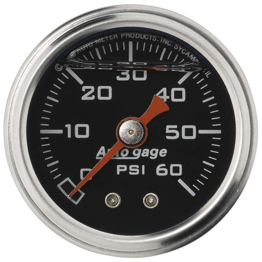 Pressure Gauge - Auto Gage - 0-60 psi - Mechanical - Analog - 1-1/2 in Diameter - Liquid Filled - 1/8 in NPT Port - Black Face - Each
