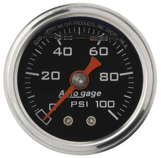 Pressure Gauge - Auto Gage - 0-100 psi - Mechanical - Analog - 1-1/2 in Diameter - Liquid Filled - 1/8 in NPT Port - Black Face - Each