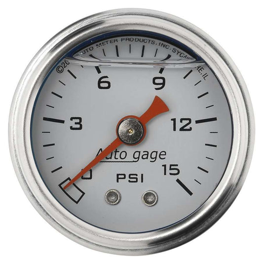 Pressure Gauge - Auto Gage - 0-15 psi - Mechanical - Analog - 1-1/2 in Diameter - Liquid Filled - 1/8 in NPT Port - White Face - Each