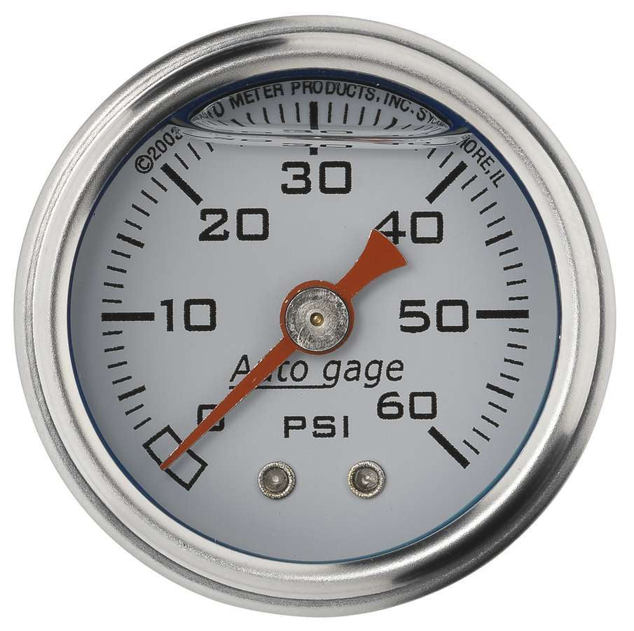 Pressure Gauge - Auto Gage - 0-60 psi - Mechanical - Analog - 1-1/2 in Diameter - Liquid Filled - 1/8 in NPT Port - White Face - Each